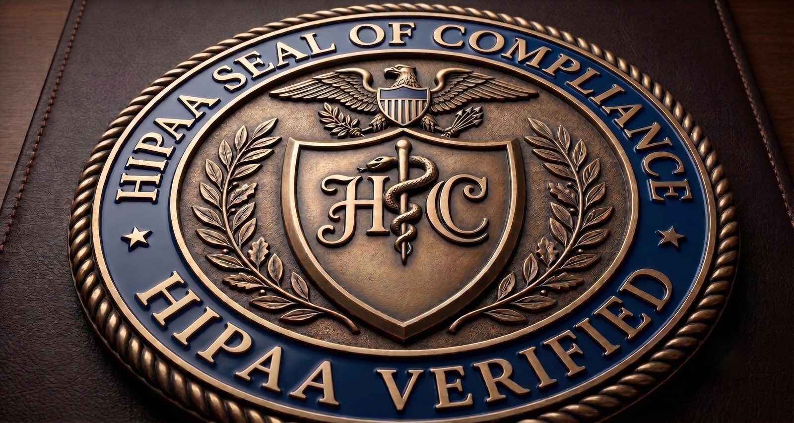 A bronze "HIPAA Seal of Compliance" medallion