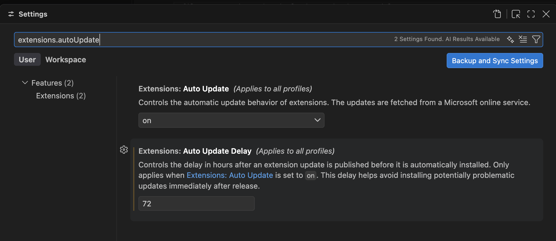 VS Code User Settings showing Extensions: Auto Update set to on and Extensions: Auto Update Delay set to 72 hours